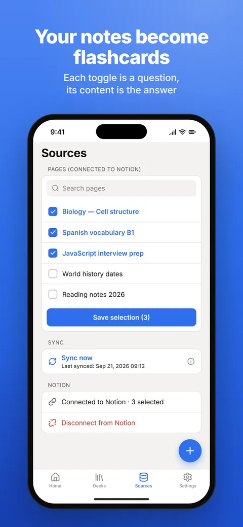 Memocache Sources screen listing Notion pages selected for syncing, with a Sync now button