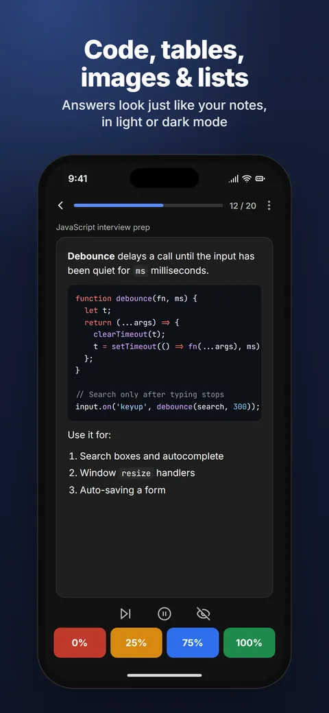Memocache in dark mode showing an answer with syntax-highlighted JavaScript code and a numbered list